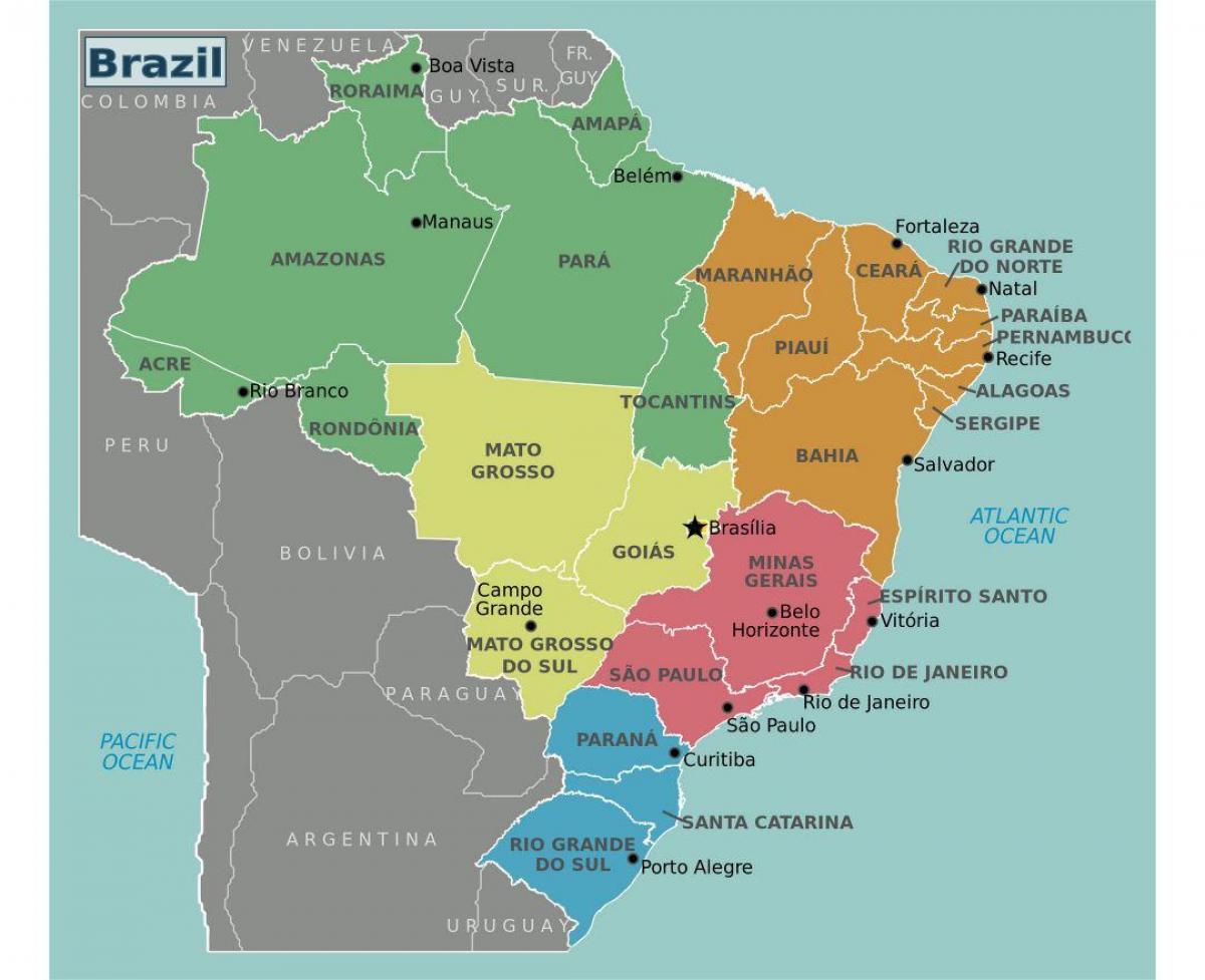 Regioner i Brasilien karta - Karta över Brasilien regioner (Syd-Amerika